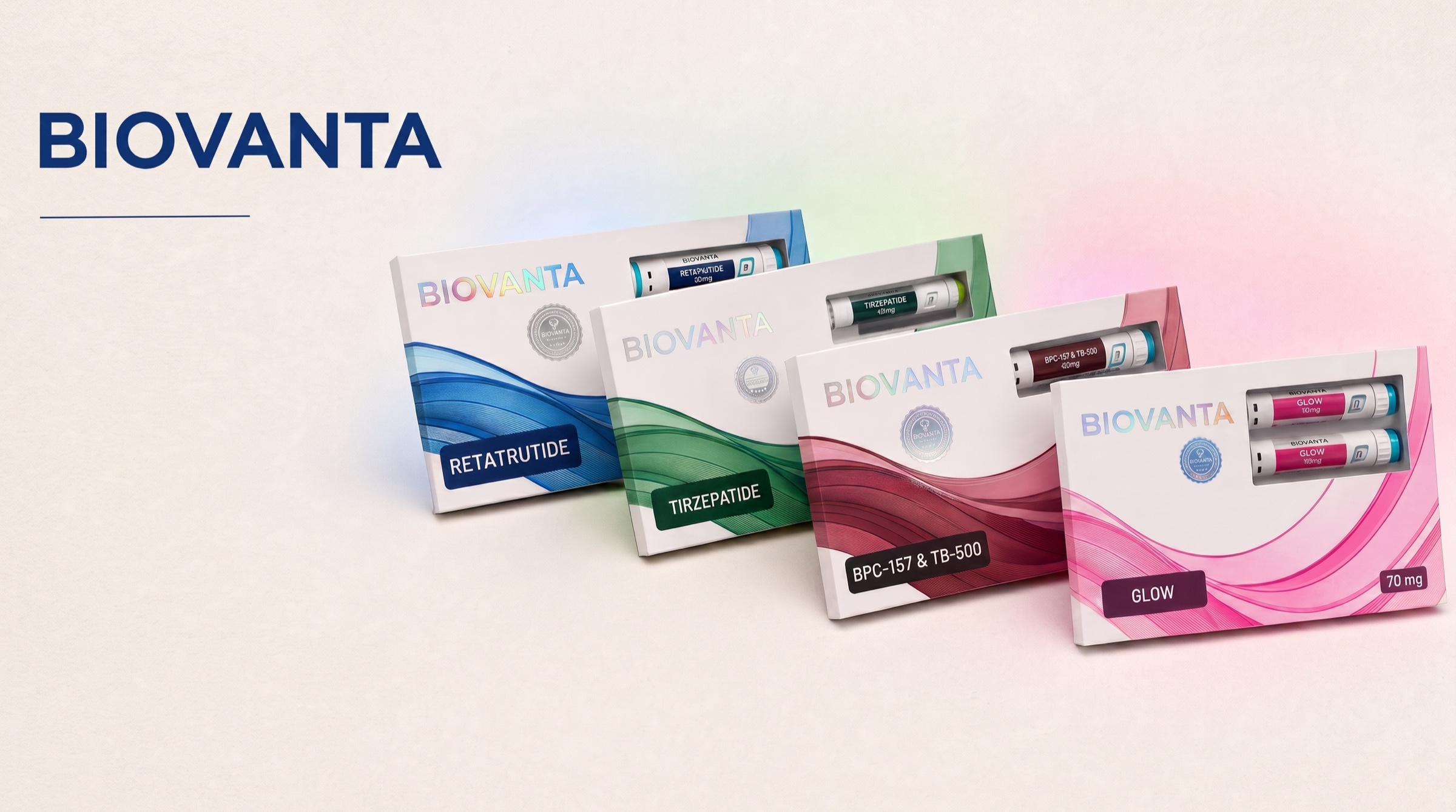 The Biovanta range — Retatrutide, Tirzepatide, BPC-157 & TB-500 and Glow cartons. Peptides with proof. Not promises.