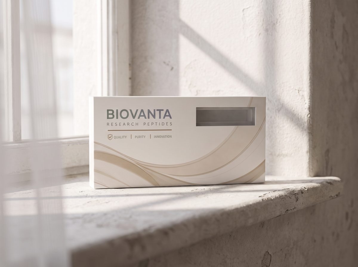 The new Biovanta research peptides carton on a windowsill in soft morning light