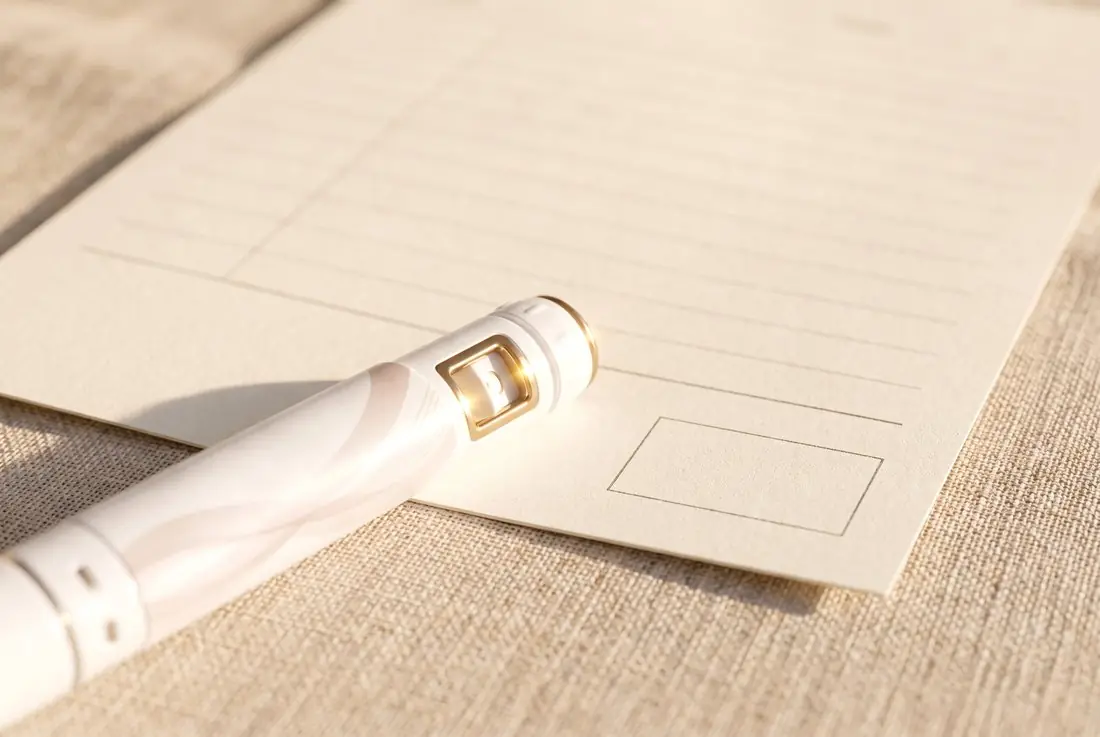 A blank printed form on linen with a Biovanta pre-filled pen resting across it