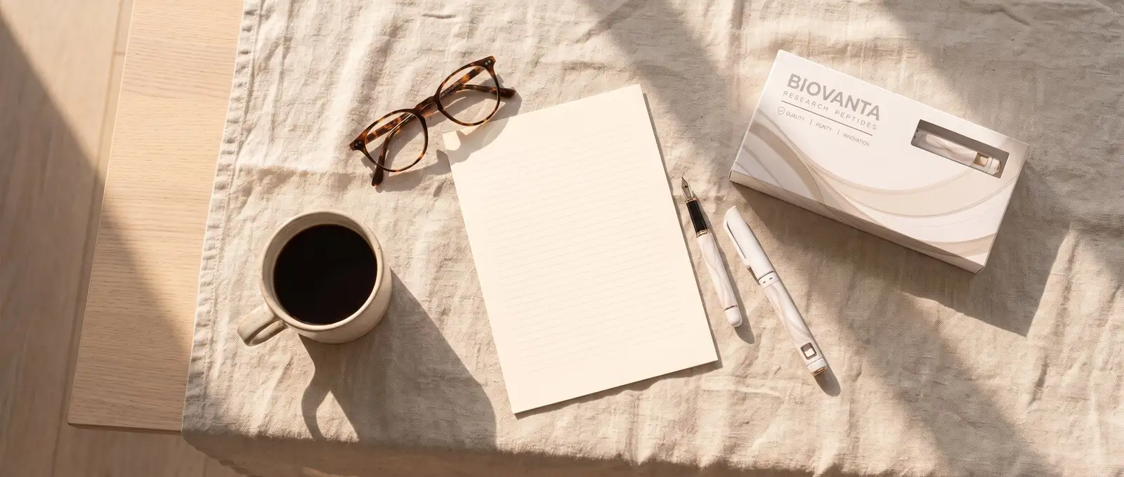 A sunlit linen-covered desk with a Biovanta carton, the pre-filled pen, a fountain pen, a lined notepad, reading glasses and a cup of coffee