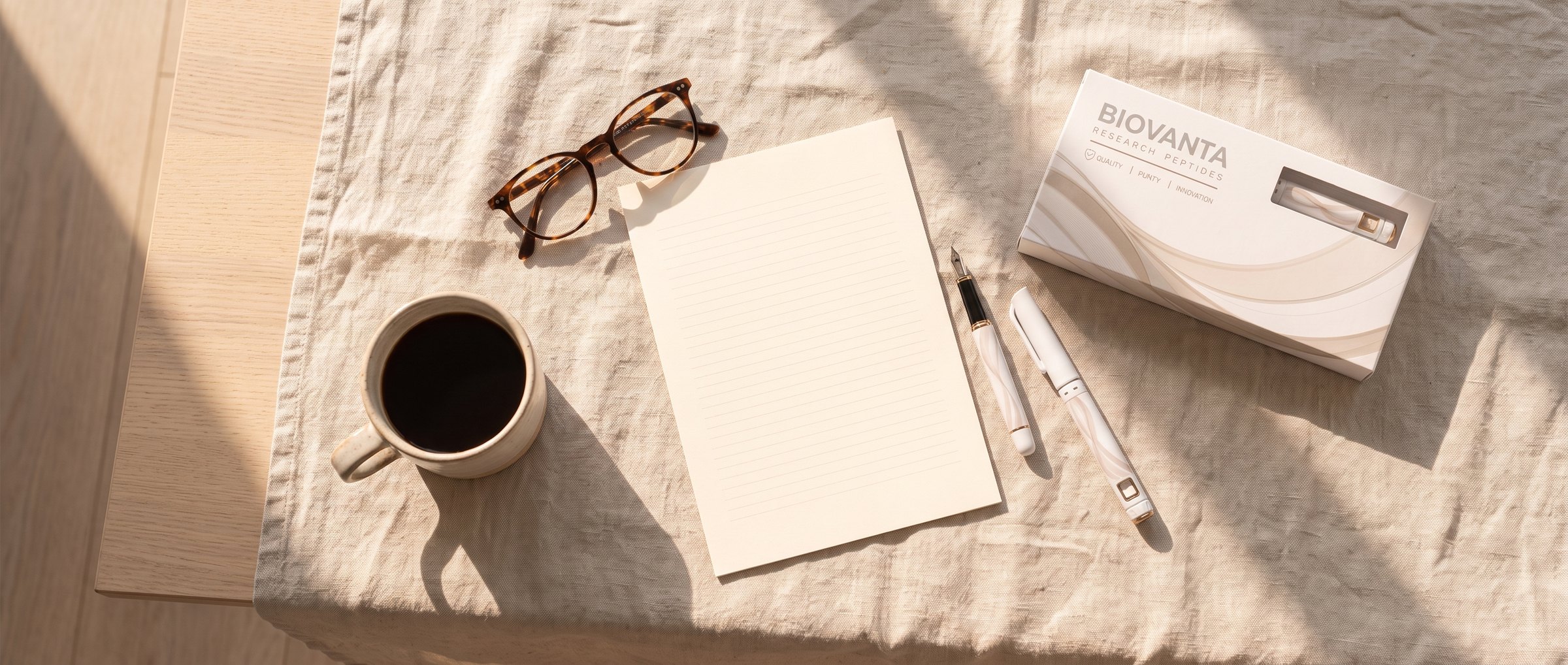 A sunlit desk with a Biovanta carton, the pen, a certificate, reading glasses and coffee — the reading room