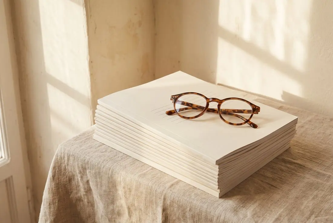 A stack of plain paper with reading glasses on top, on a linen-covered table in daylight