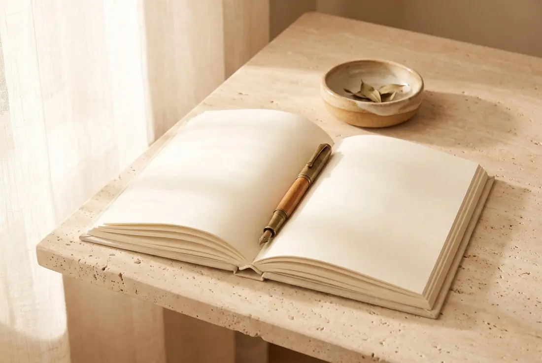 An open notebook and pen on a sunlit desk