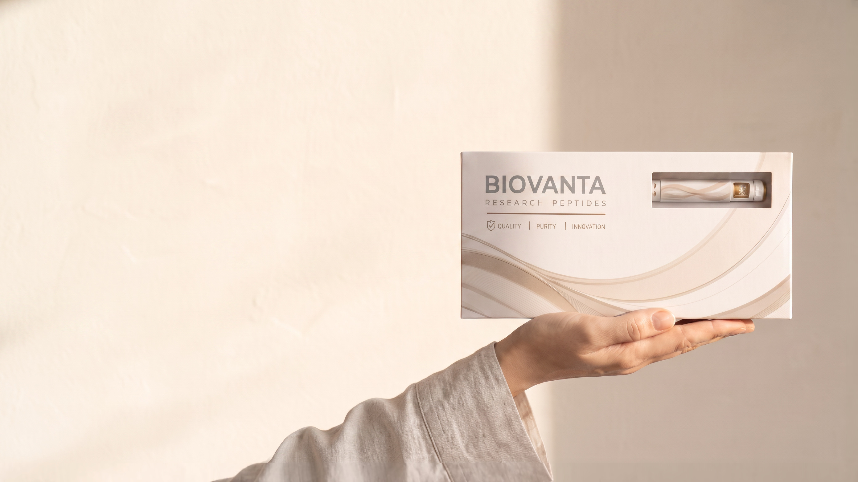 A hand holding the sealed Biovanta carton, the pre-filled pen visible through its window