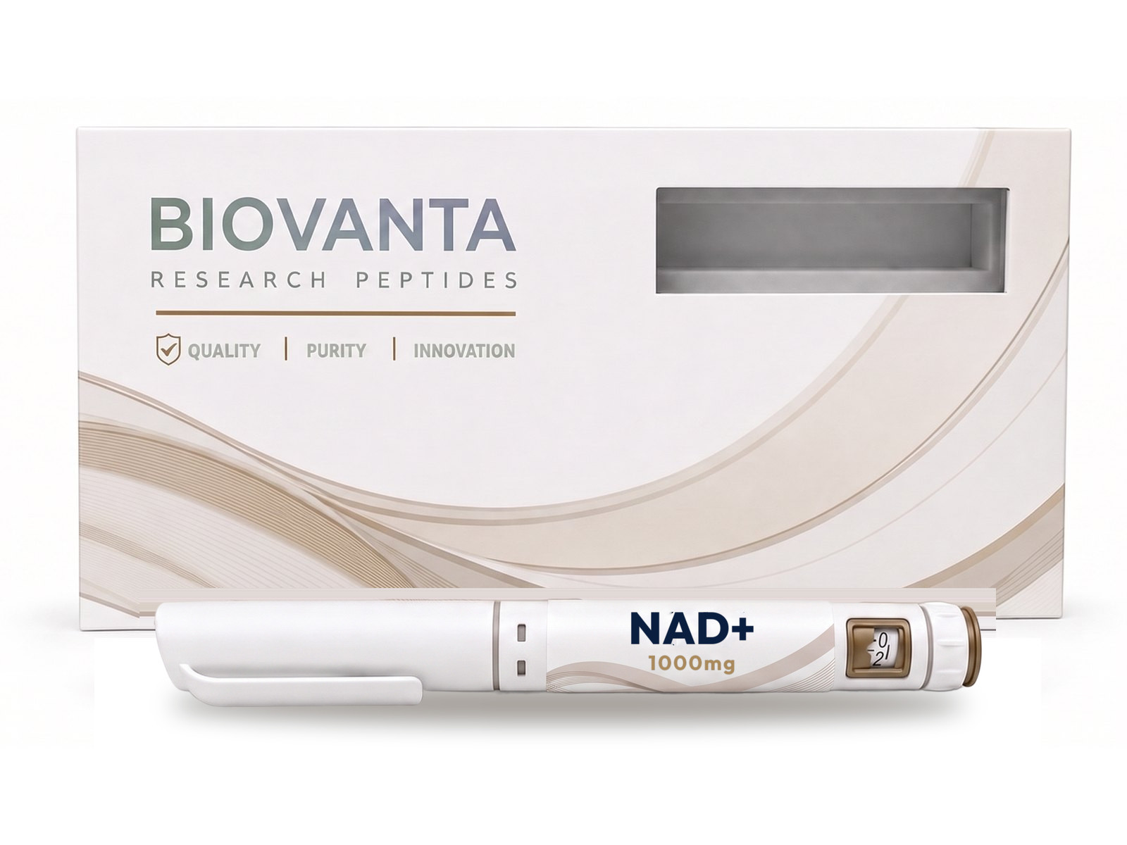 NAD+ 1000mg pre-filled pen lying in front of its Biovanta carton